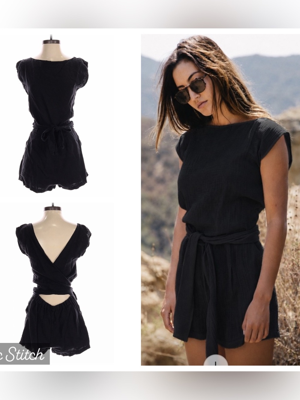 OZMA black linen playsuit romper with tie belt